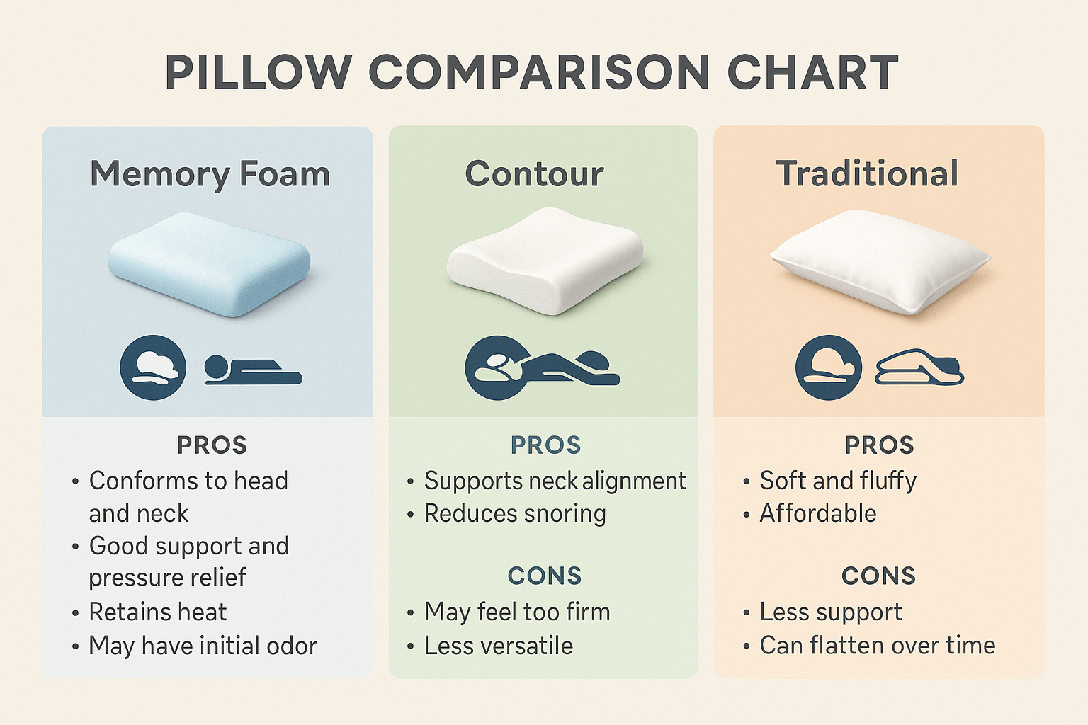 Memory foam, contour and traditional pillow comparison