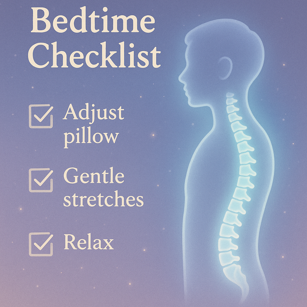 Checklist with nightly spine-friendly habits and illustration of straightening spine